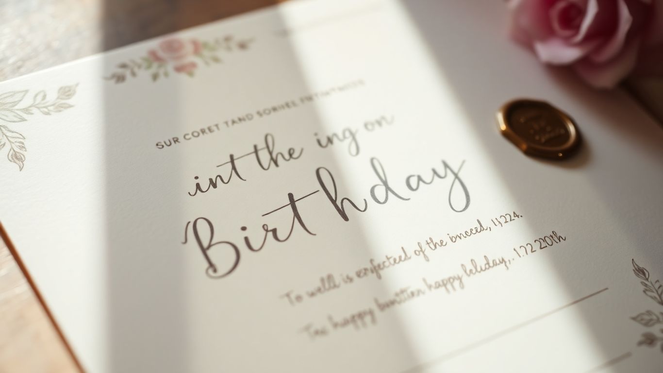 Fødselsdagsinvitation med smuk håndskrift og blomsterdekoration.