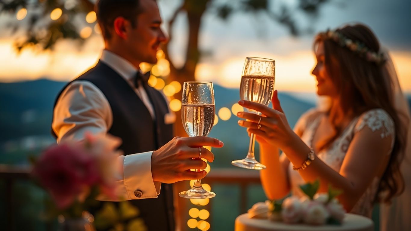 Par fejrer bryllupsdag med champagne og blomster.