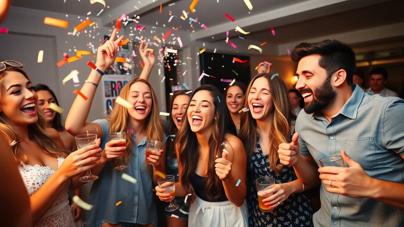 Glade mennesker til polterabend med sjove aktiviteter.