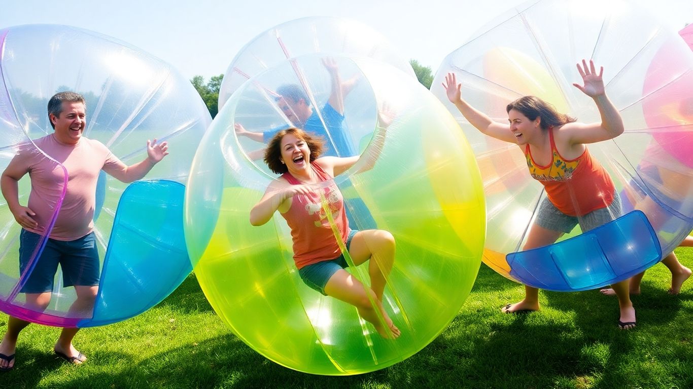 Folk griner inde i kæmpe oppustelige bobler på græs.