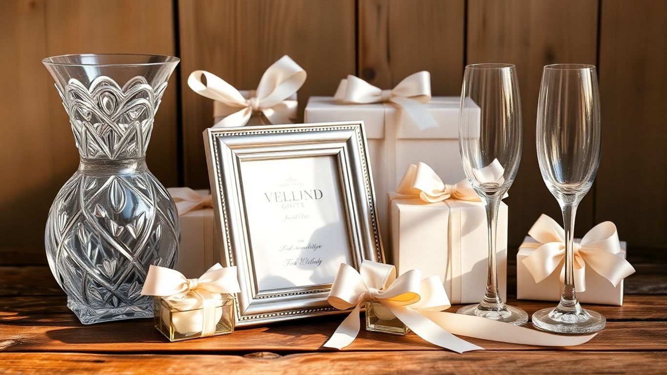 Kreative bryllupsgaver på et rustikt træbord.