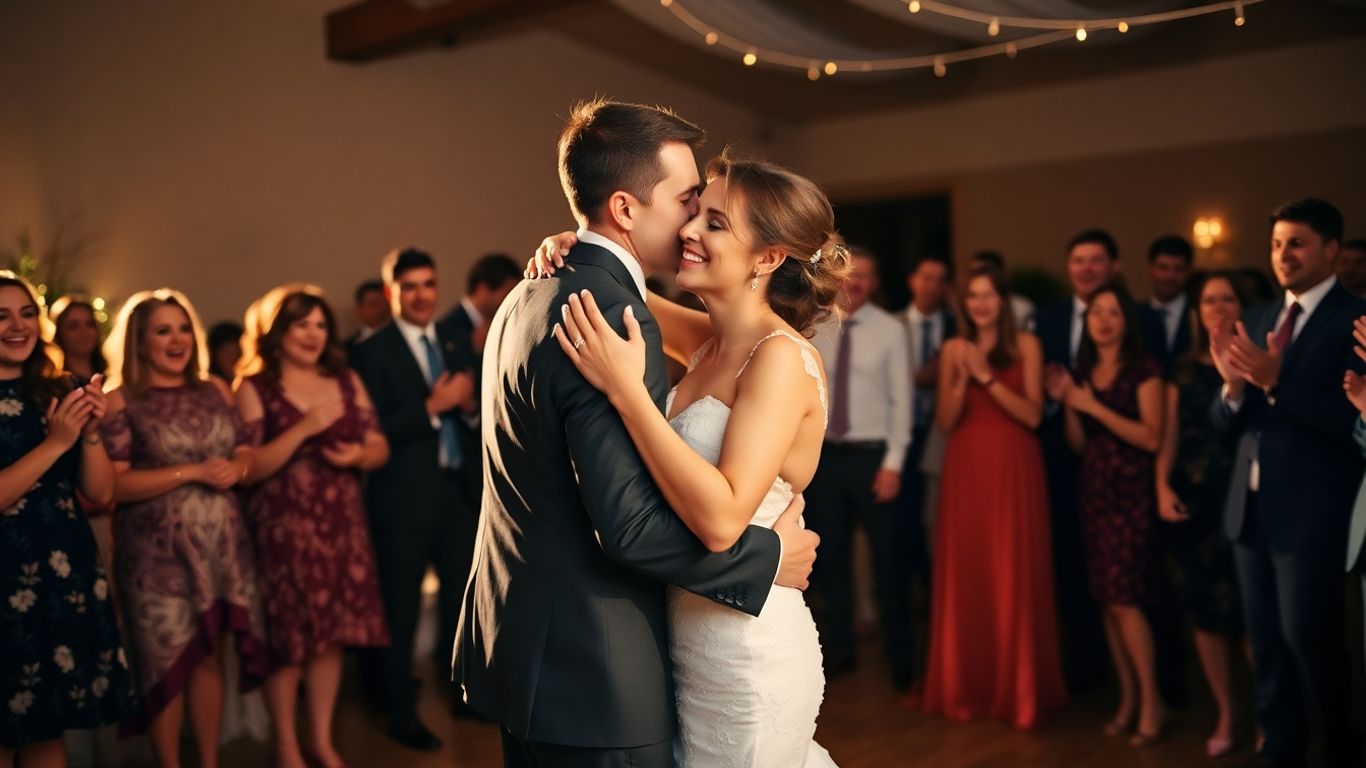 Bryllupspar synger sammen med gæster.