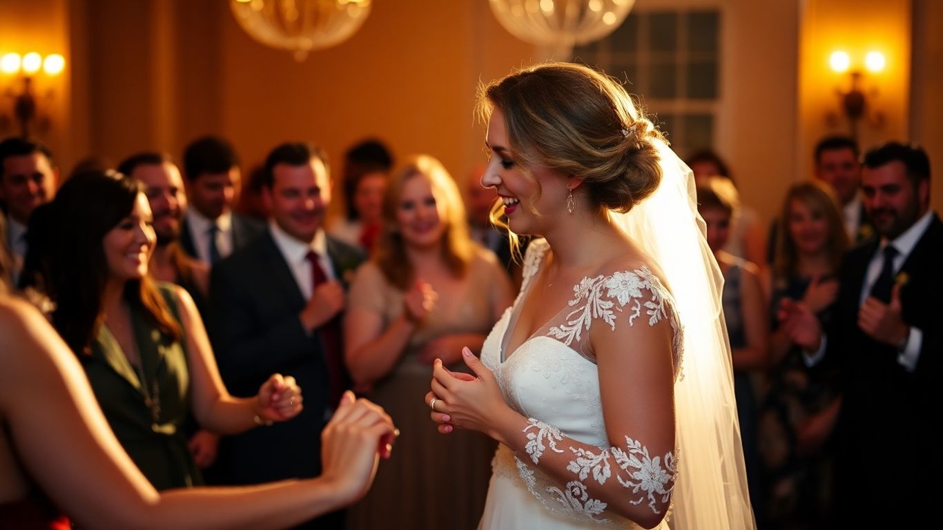 Bryllupspar synger sammen med glade gæster.