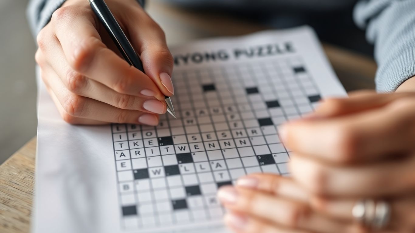 Hænder der løser en krydsord med en pen.