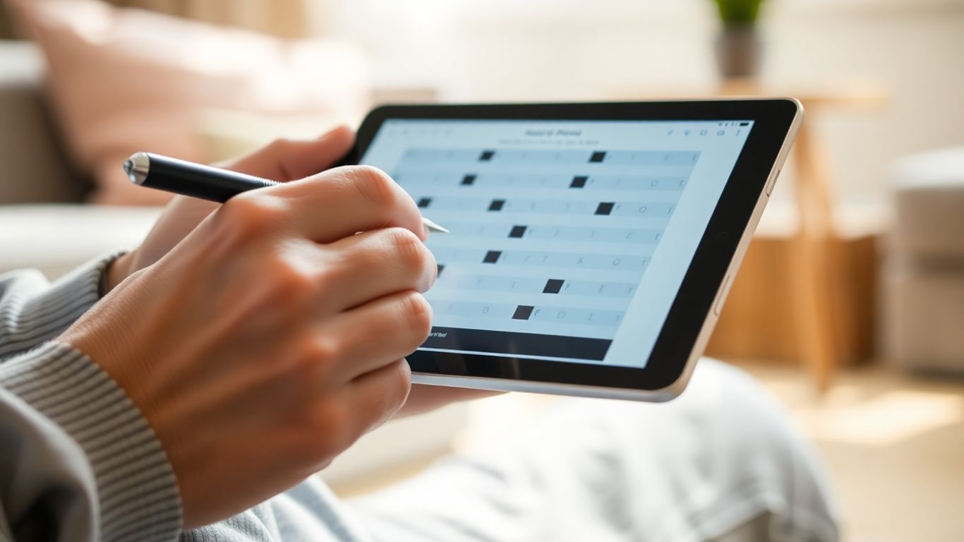 Person løser krydsord på en tablet