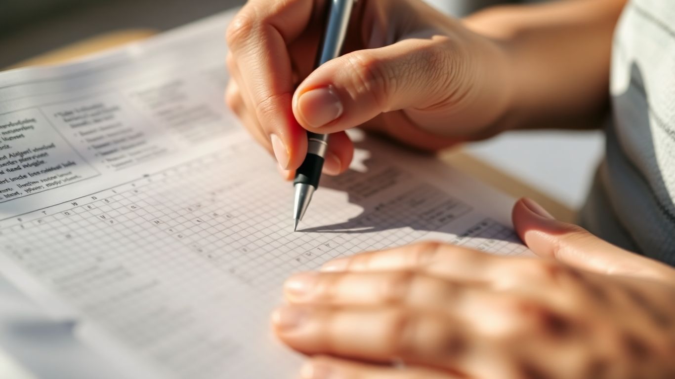 Hænder der løser en krydsord med en pen.