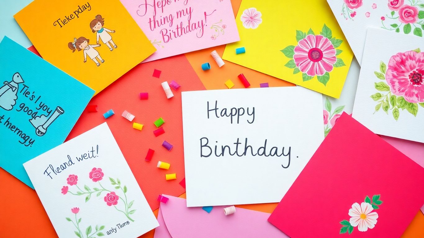 Farverige, personlige fødselsdagskort med dekorationer og konfetti.