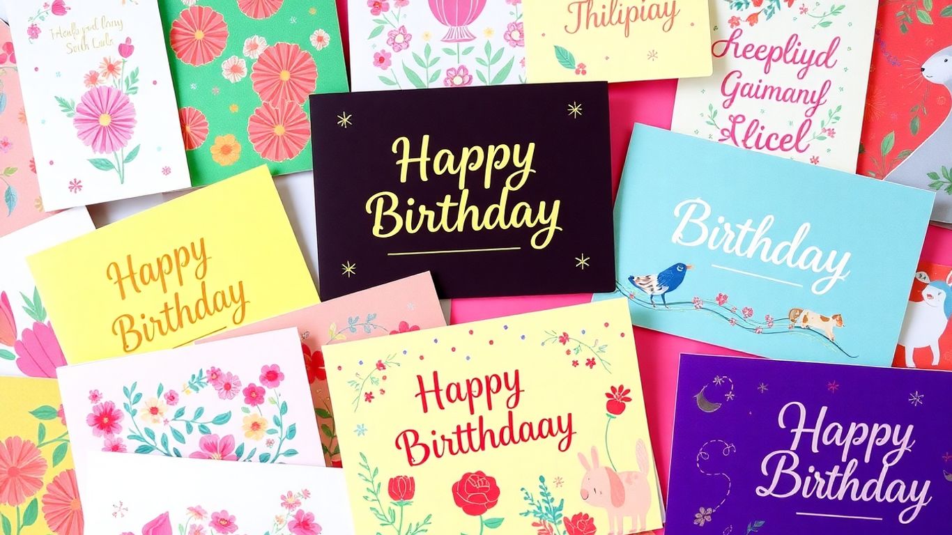 Farverige fødselsdagskort med illustrationer og mønstre.