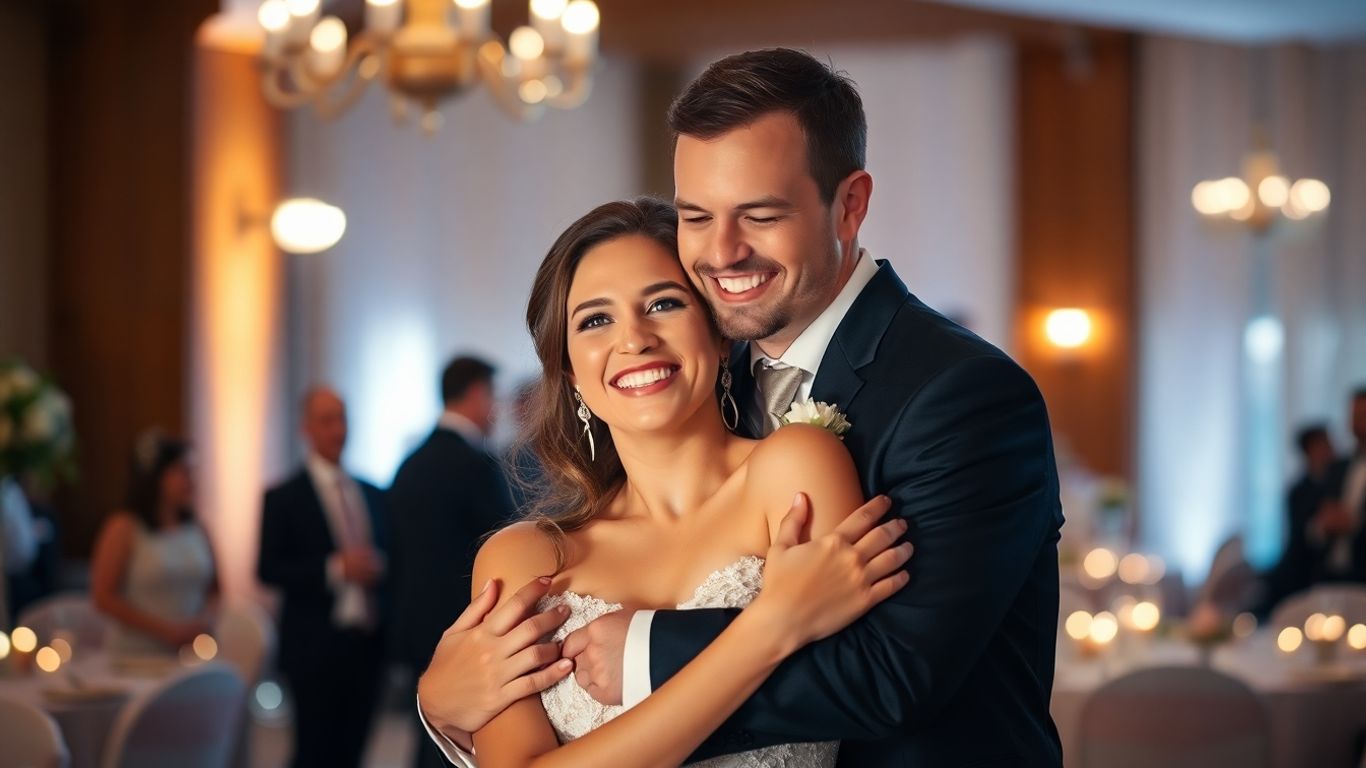 Glad brudepar omfavner hinanden ved bryllupsreception.
