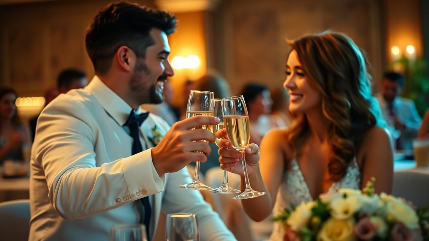 Bryllupspar skåler med champagneglas.
