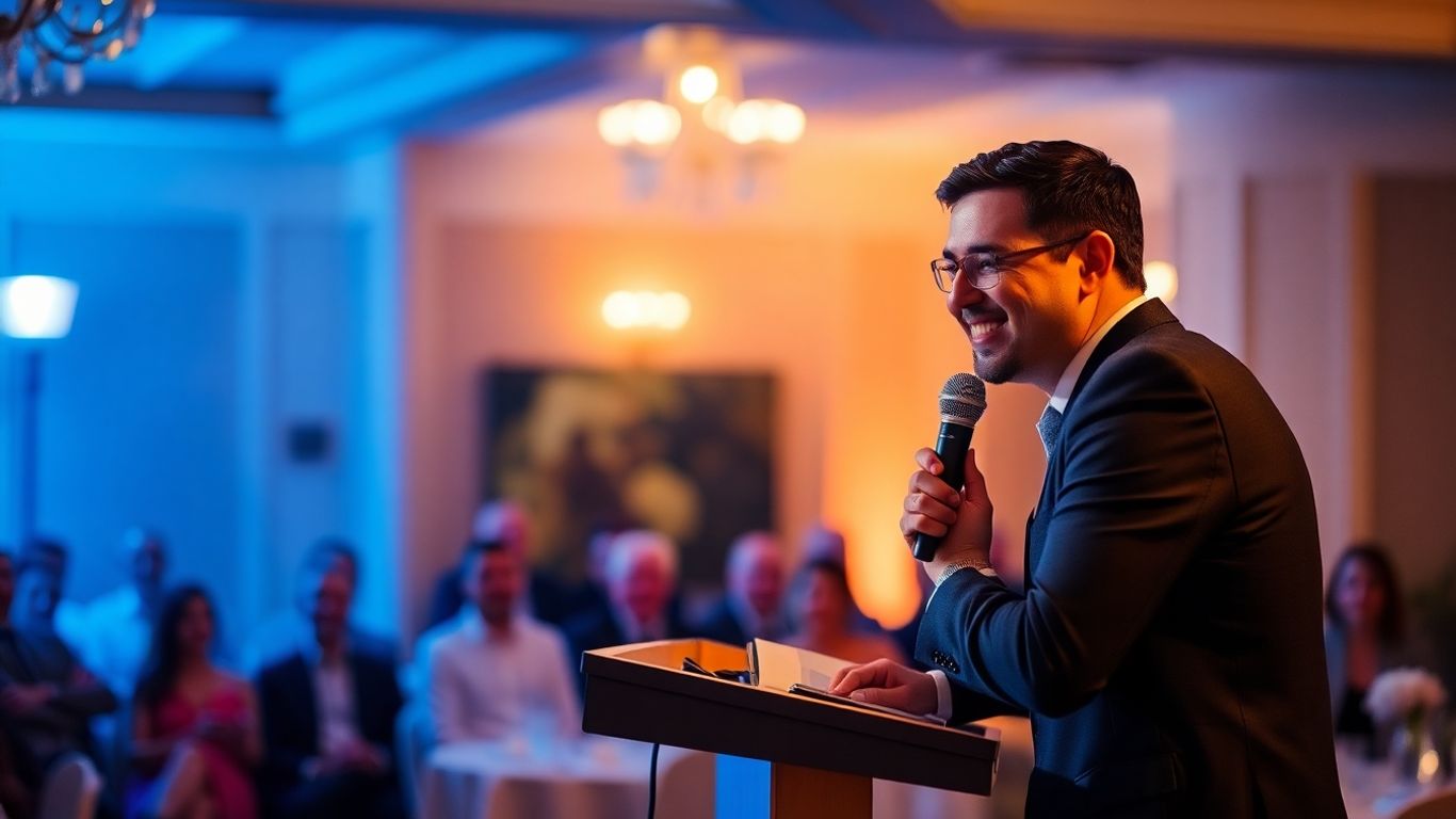 Person holder tale ved bryllup med selvtillid.