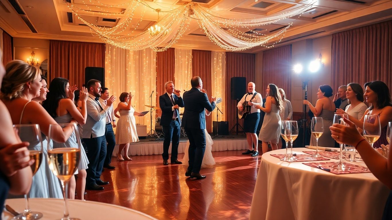 Bryllupsgæster danser til live musik under festlige lys.