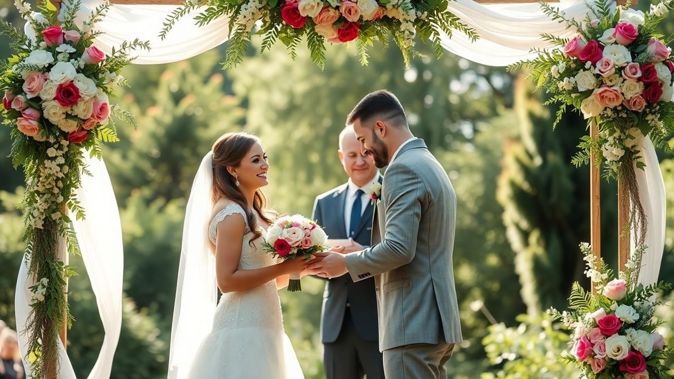 Bryllupspar udveksler løfter under en blomsterudsmykket bue.