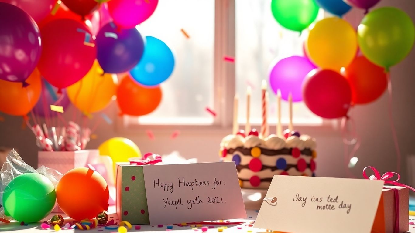 Fødselsdagsinvitation med balloner og kage.