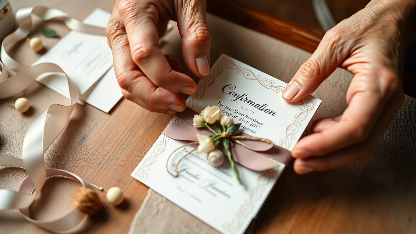 Hænder laver unikke konfirmationsinvitationer med pynt.