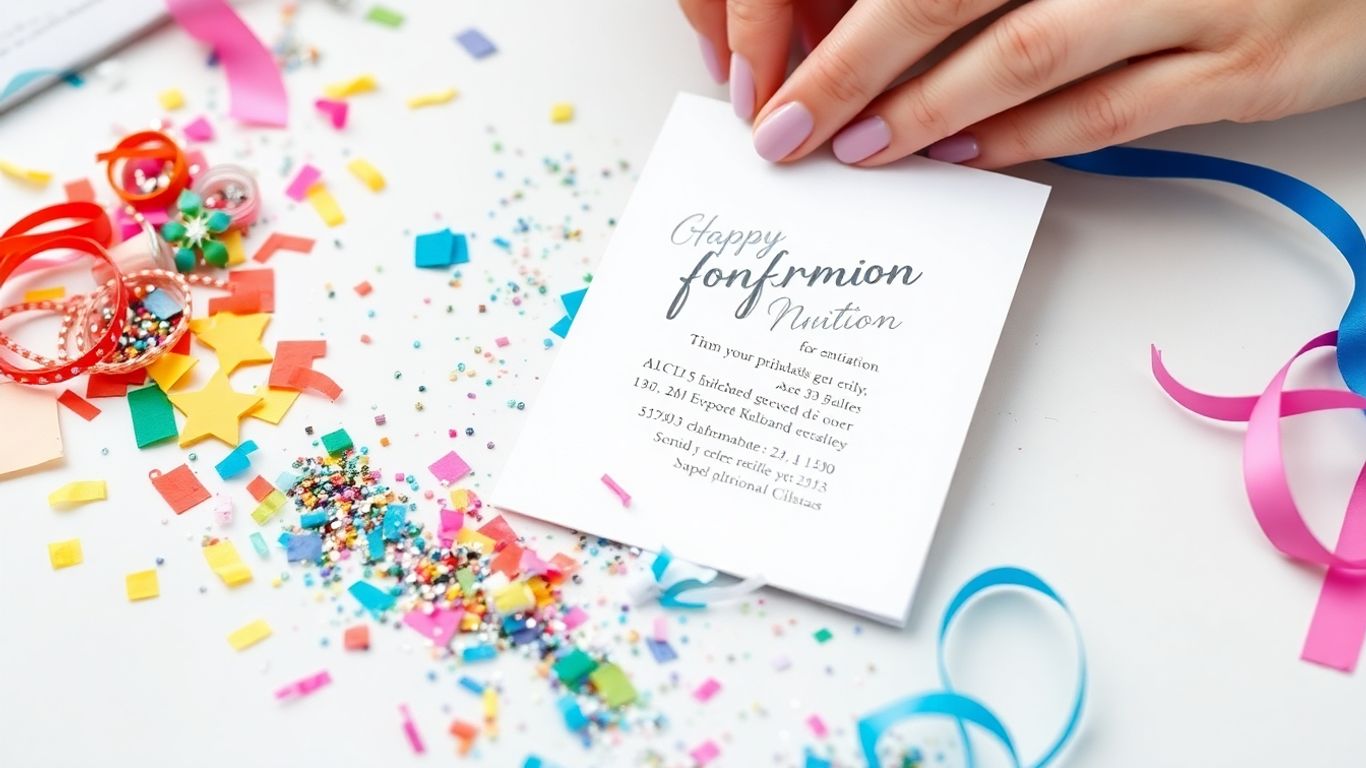 Kreative konfirmationsinvitationer under fremstilling med farverige materialer.