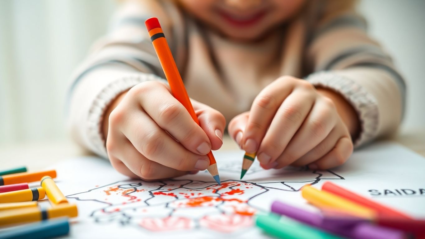 Børns hænder farvelægger en tegning med farveblyanter.