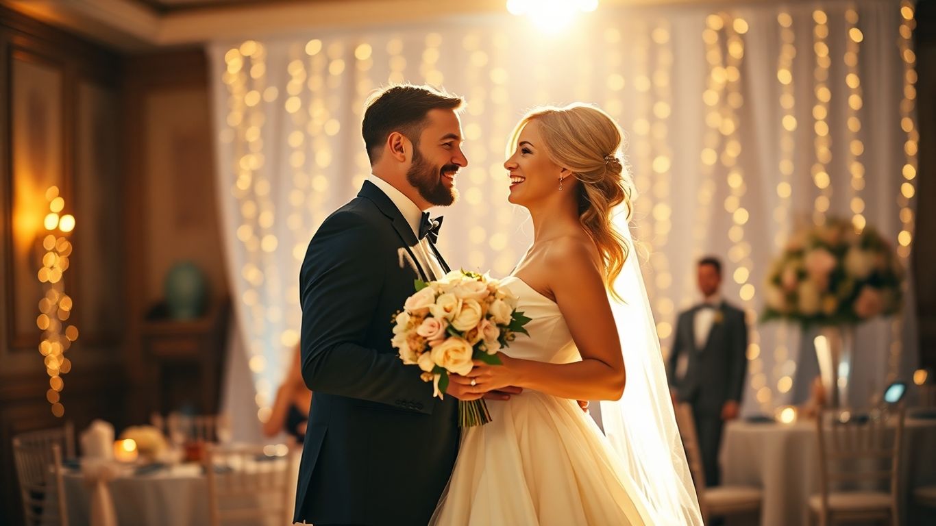 Par der danser til bryllup med blomster og lys