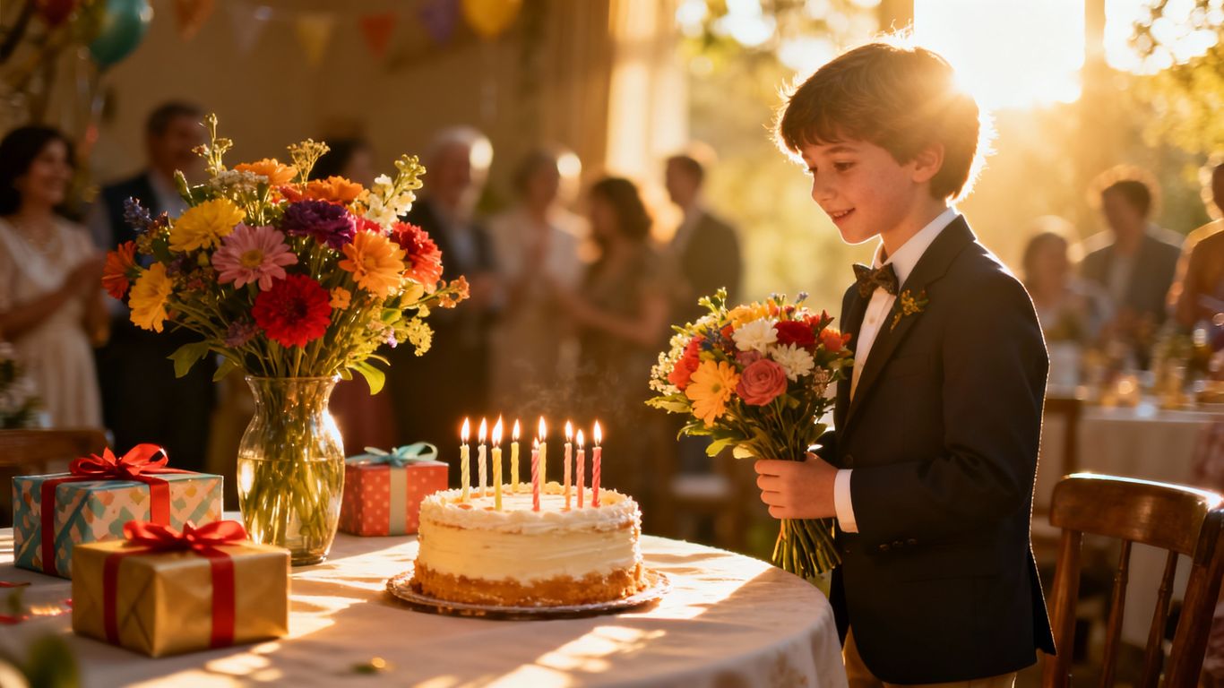 Konfirmationsbord med kage, blomster og gaver.