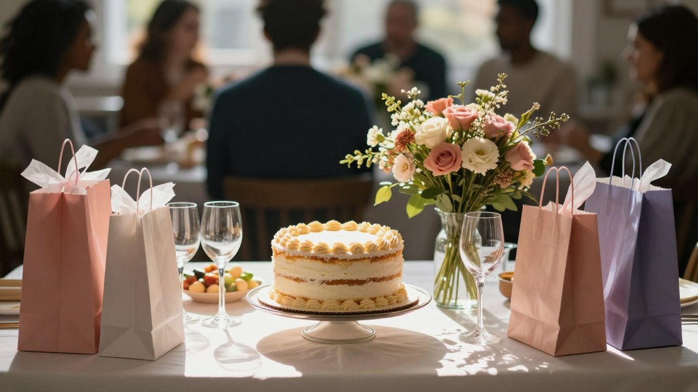 Konfirmationsbord med kage, blomster og gaver.