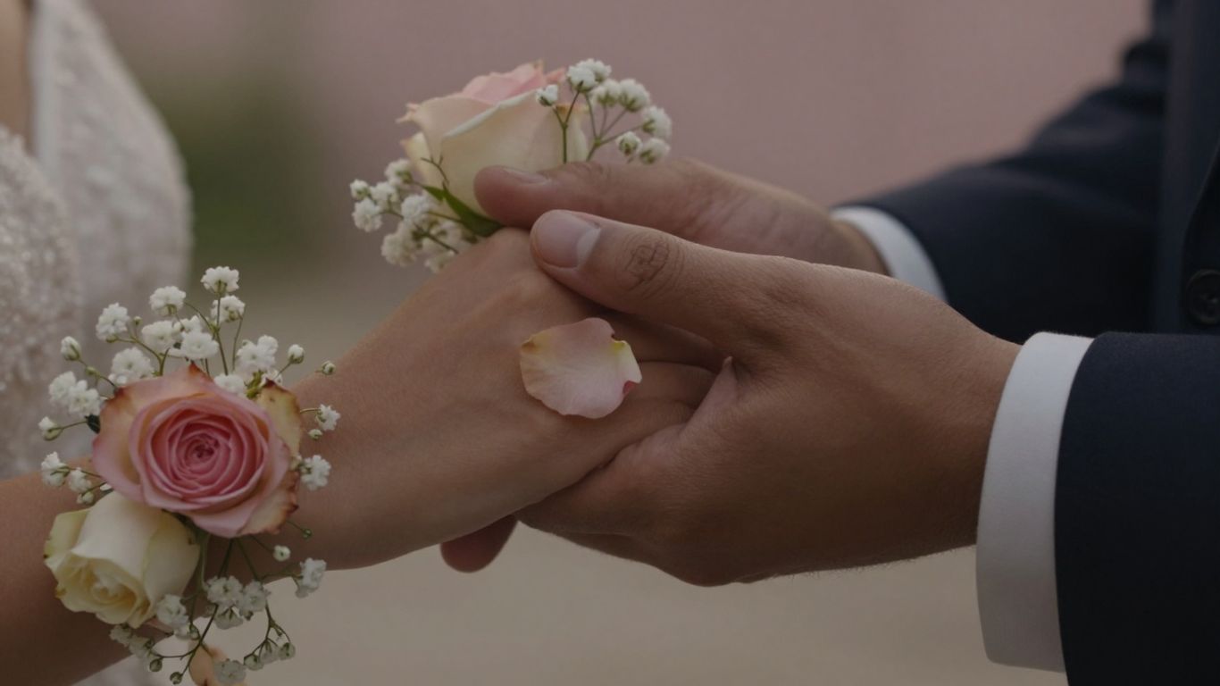 Bryllupsparrets hænder flettet sammen med blomster.