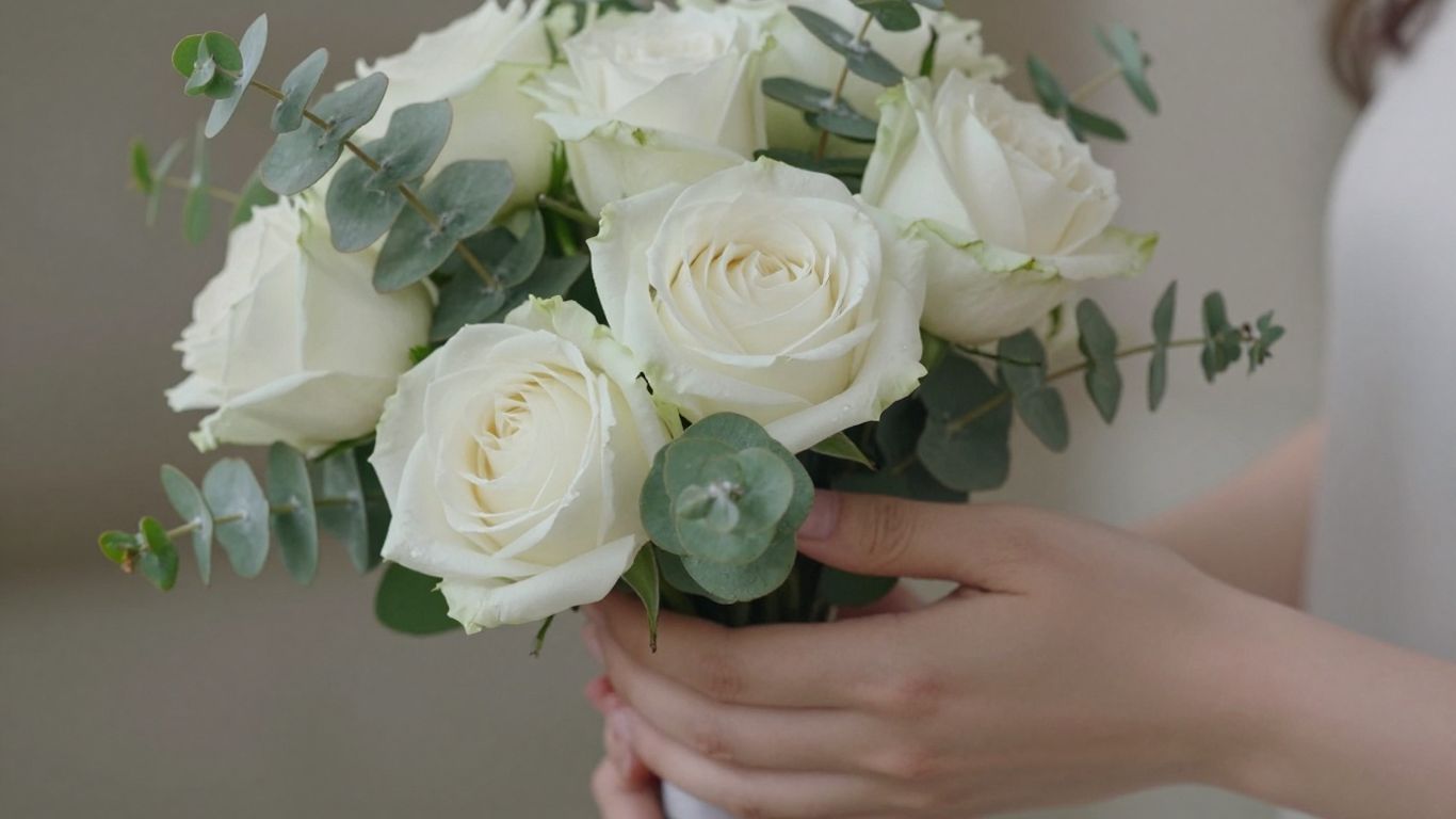 Bryllupsbuket med hvide roser og grønt