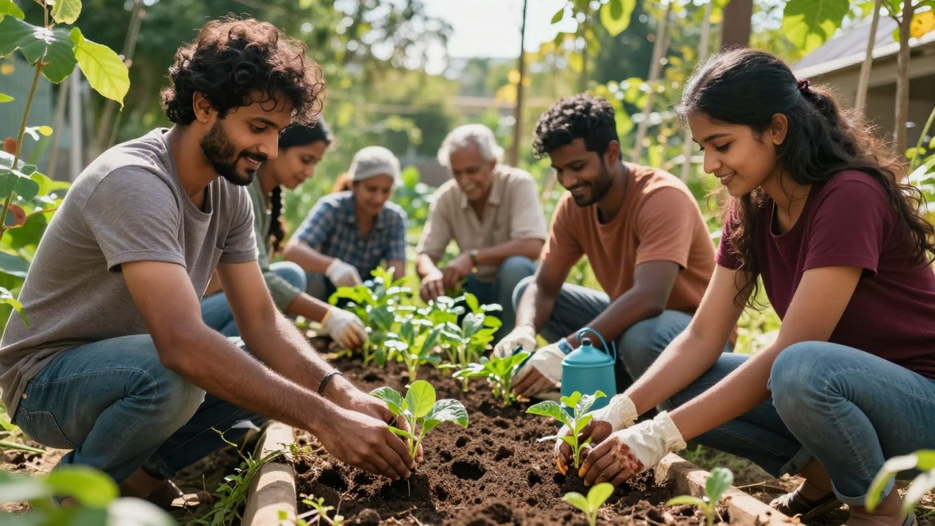 Folk arbejder sammen i et fællesskabshave.