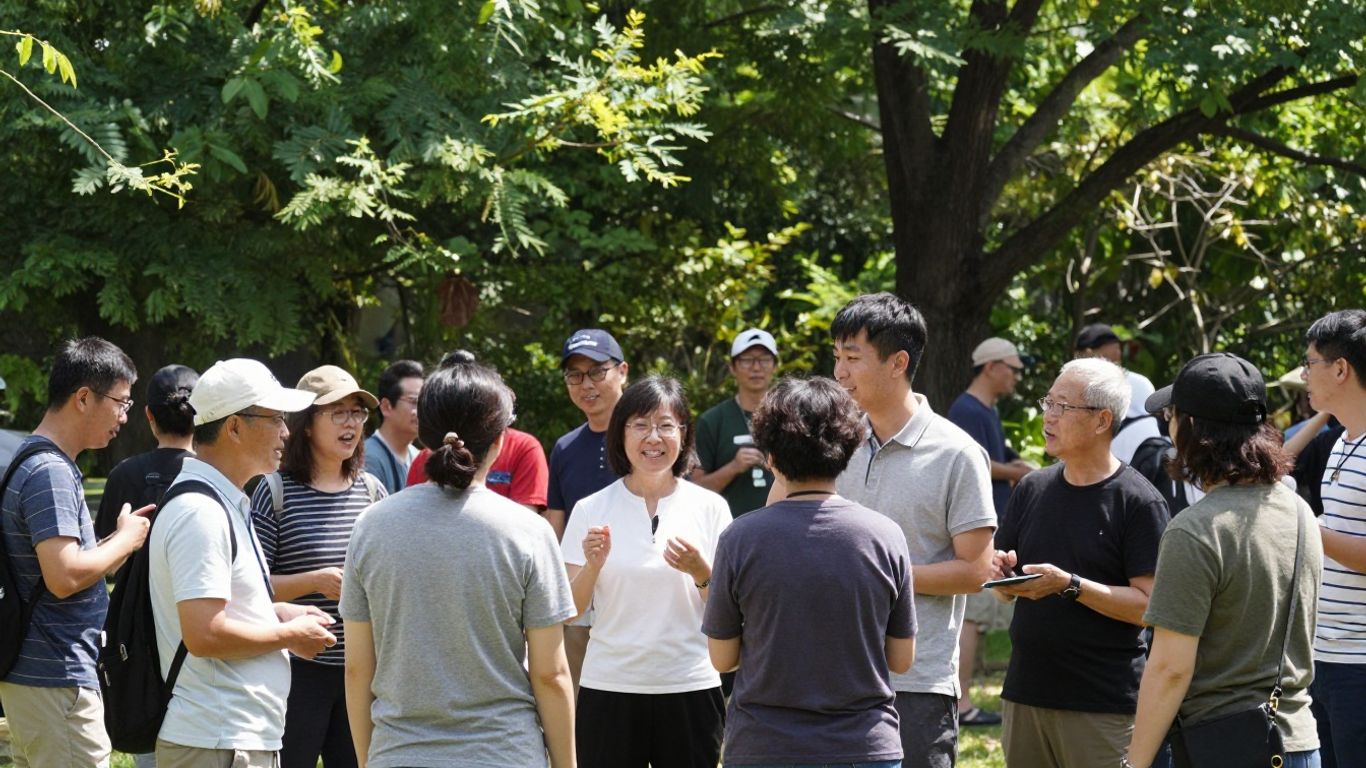 Folk mødes og interagerer i et grønt udendørs fællesskab.