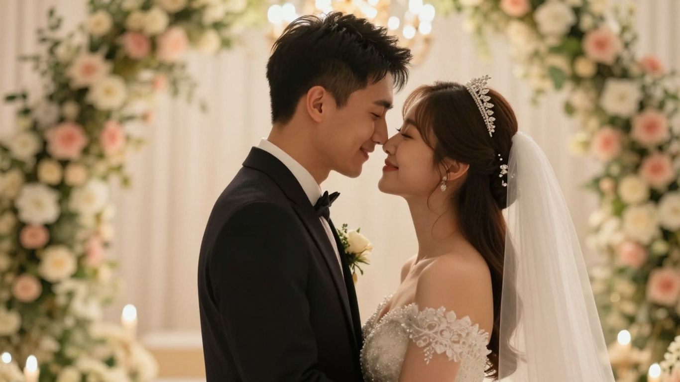 Bryllupspar omfavner hinanden med kærlighed og glæde.