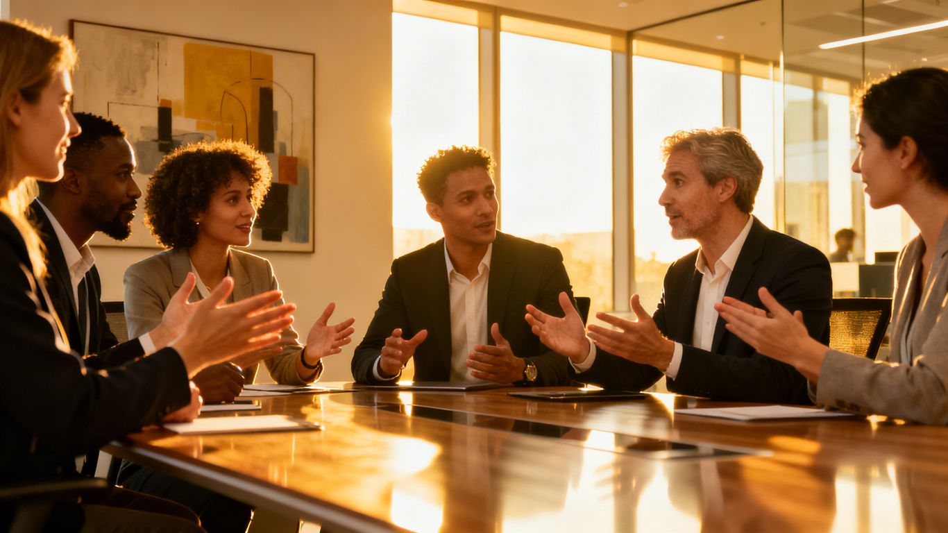 Folk diskuterer nye initiativer på et moderne kontor.