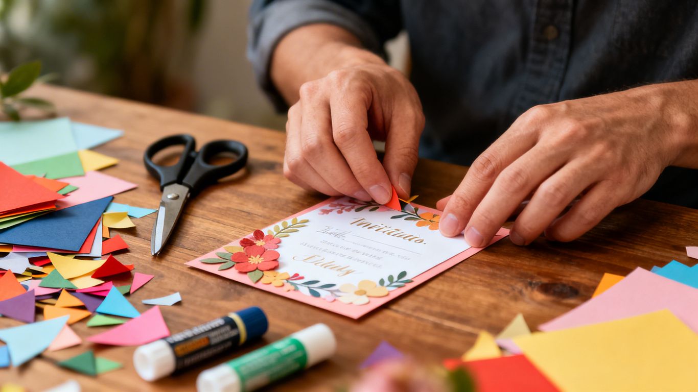 Hænder laver personlige invitationer med papir og lim.