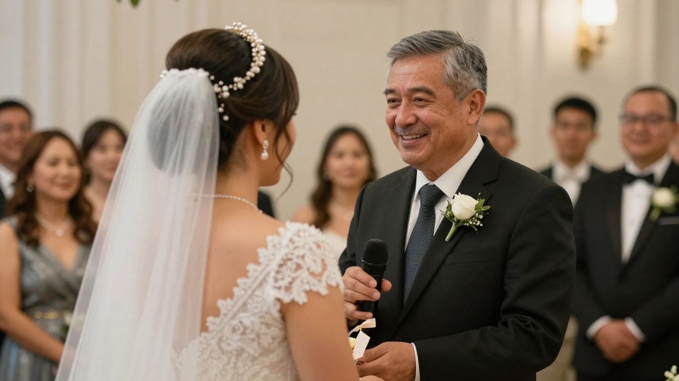 Far holder en bryllupstale med glæde og stolthed.
