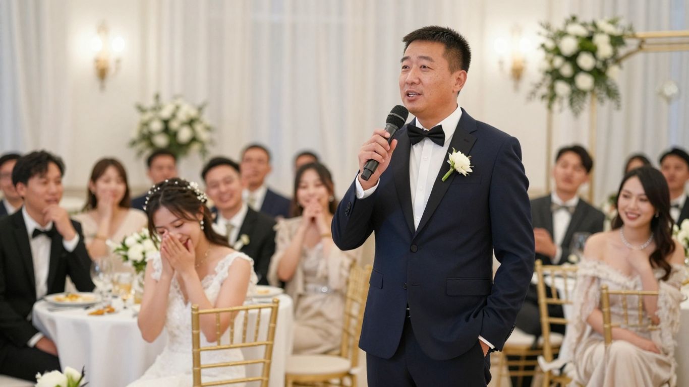 Far holder bryllupstale med nærvær og kropssprog