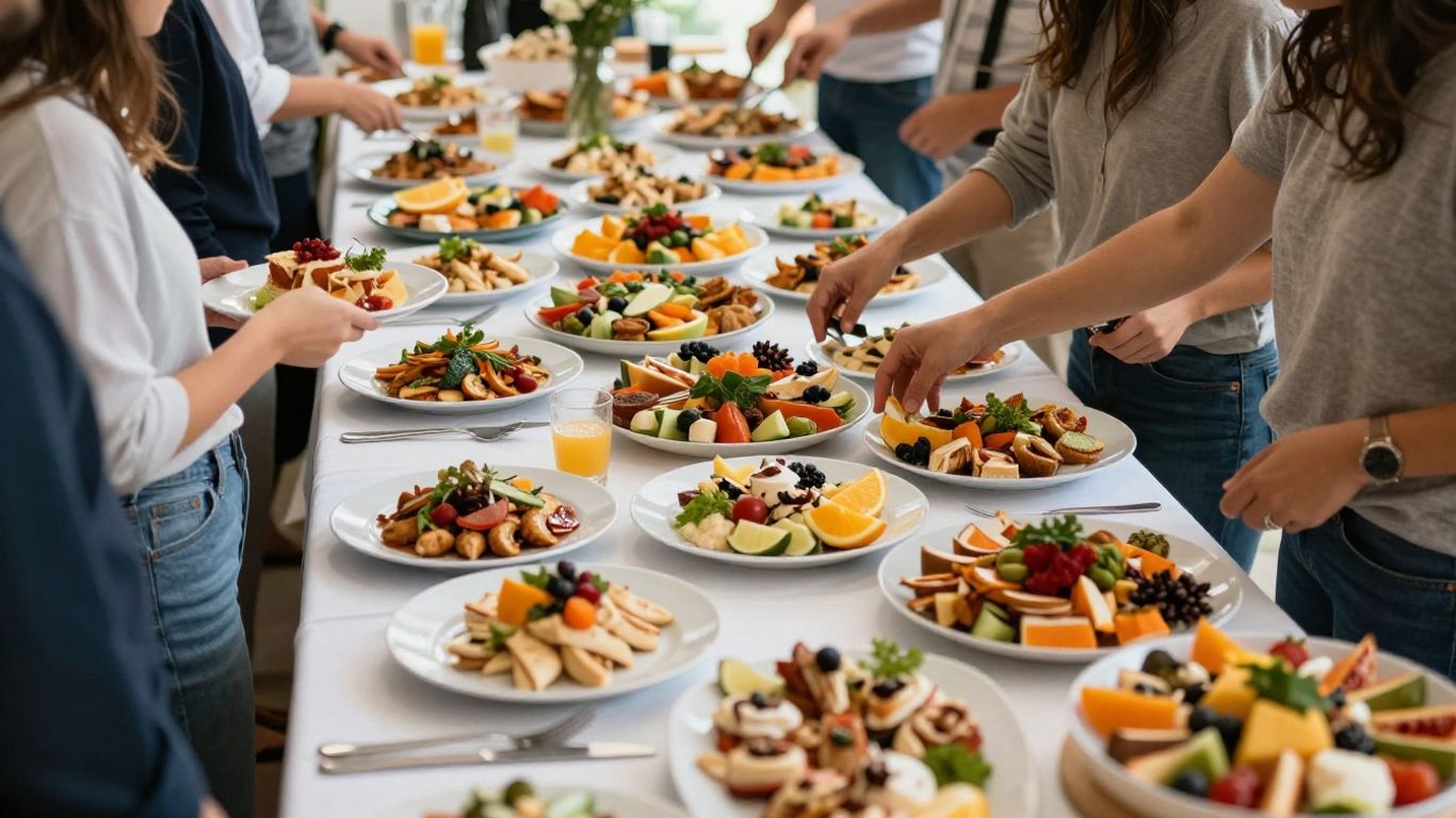 Buffet med mad og glade gæster til konfirmation.