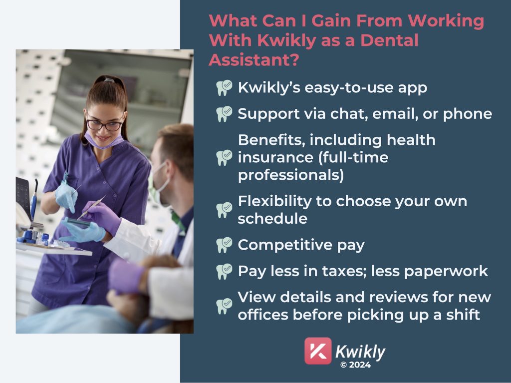 image of dental assistants working in an office, next to text detailing the benefits of working with a dental staffing agency