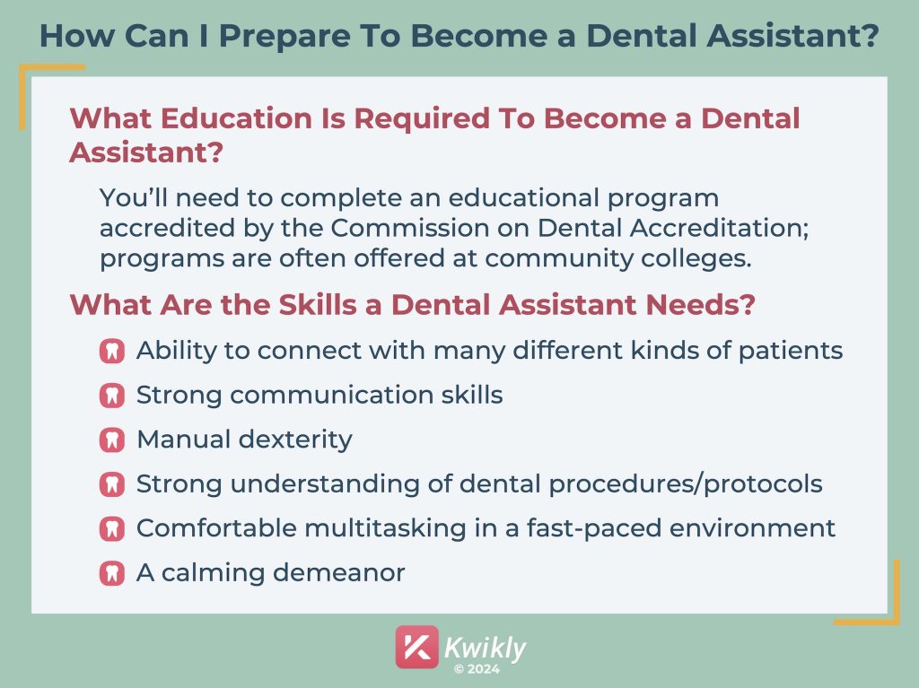 Infographic explaining how to prepare to become a dental assistant, such as education required, and the necessary skills.