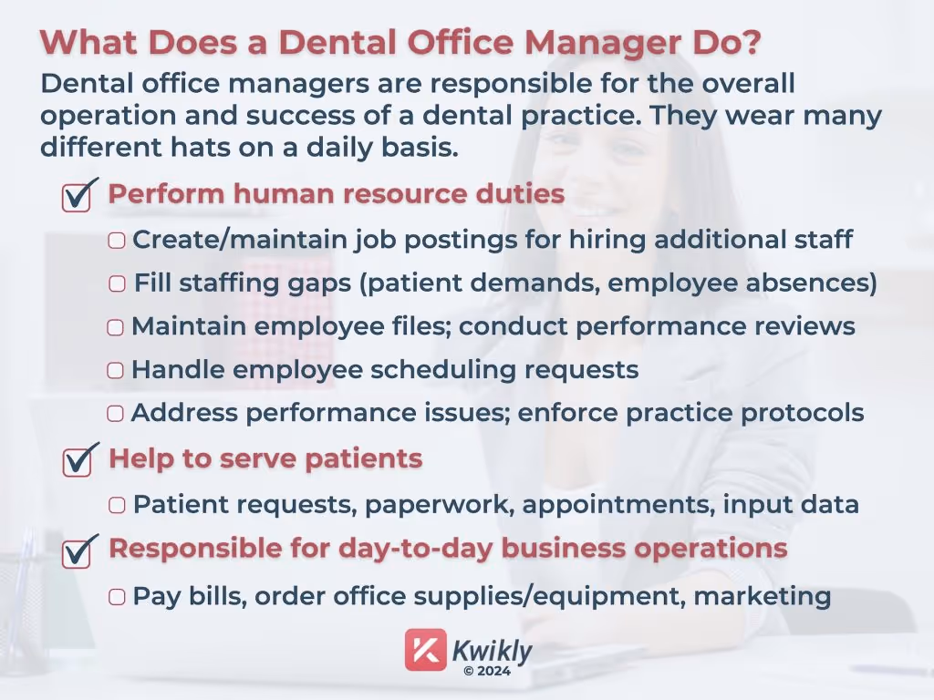 An infographic detailing what a job in dental office management is like, such as HR duties, serving patients, and daily tasks.