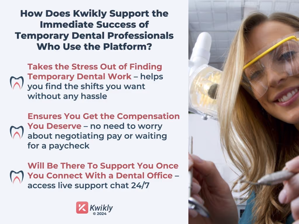 A dentist holding equipment and smiling, next to a summary of how Kwikly supports temporary dental professionals in the USA.