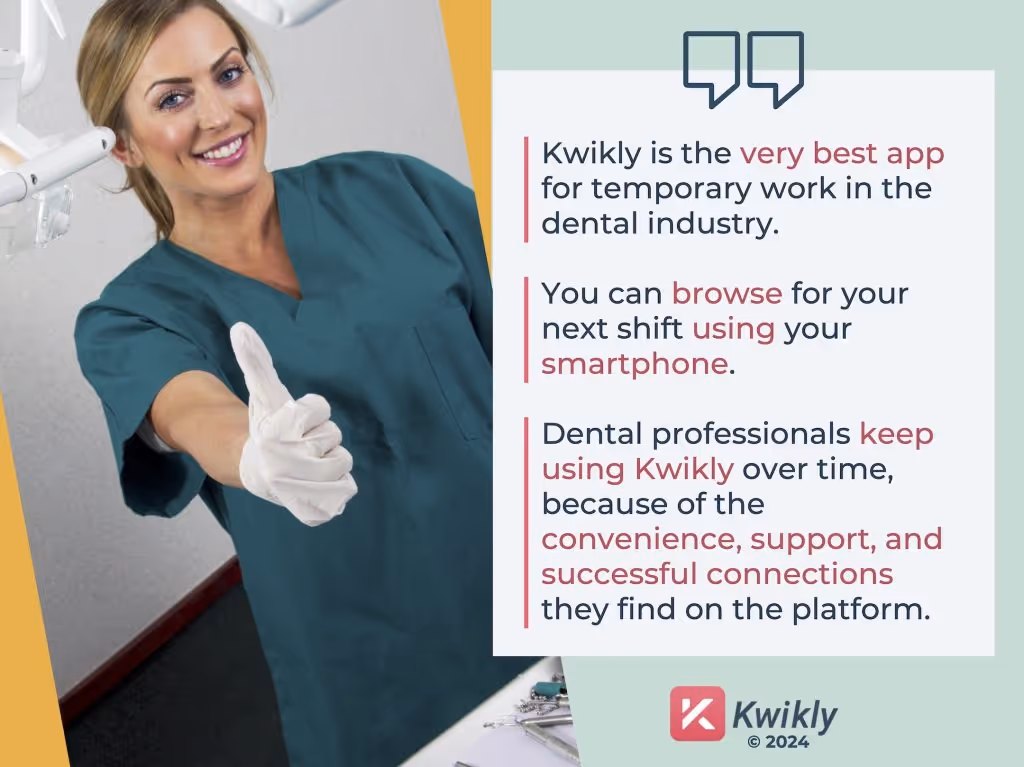 A dental professional giving a thumbs-up, next to a quote on why Kwikly's temp app is the best for dental work in the USA.