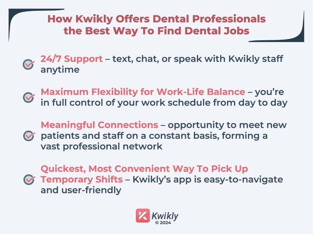 Graphic showcasing Kwikly's 24/7 support and flexible job scheduling for dental professionals seeking temp jobs in the USA.
