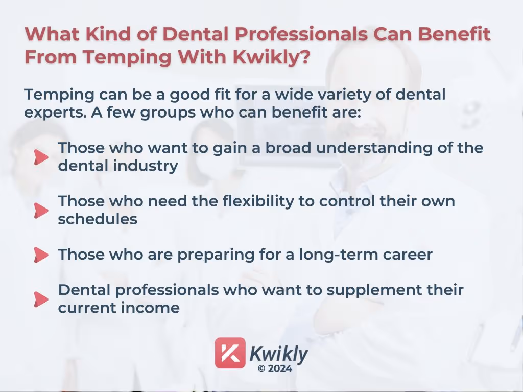 Dental experts smiling in the background of an infographic detailing the benefits of temping with Kwikly Dental Staffing.