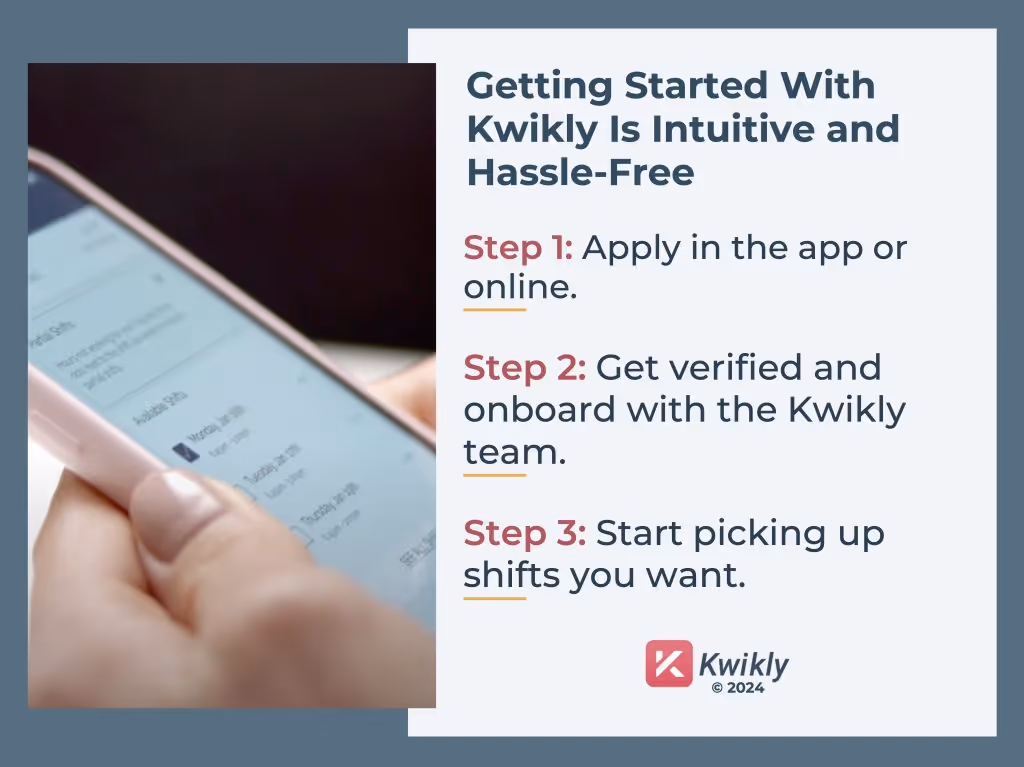 A dental professional looking for a temp dental hiring on a phone, alongside side text detailing 3 steps to get started.