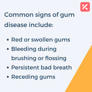 Common signs of gum disease: red or swollen gums, bleeding during brushing or flossing, persistent bad breath, and receding gums