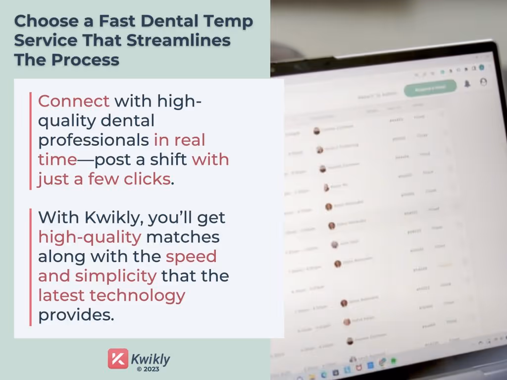 Laptop screen featuring Kwikly's fast temp agency interface for connecting clinics with high-quality dental professionals