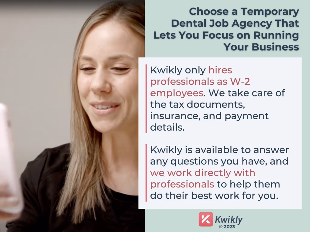 A female dental office manager using Kwikly's efficient and intuitive app for temporary work to find dental experts nearby.