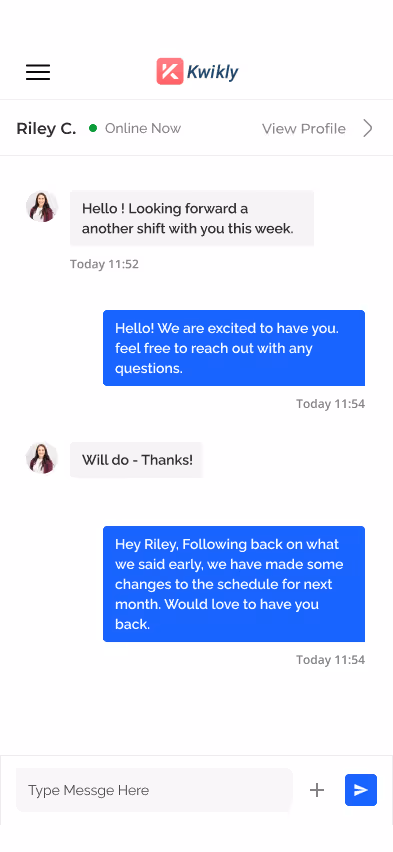 Example of temporary dental hygienists and temporary dental assistants using the messaging feature on the Kwikly dental staffing mobile app