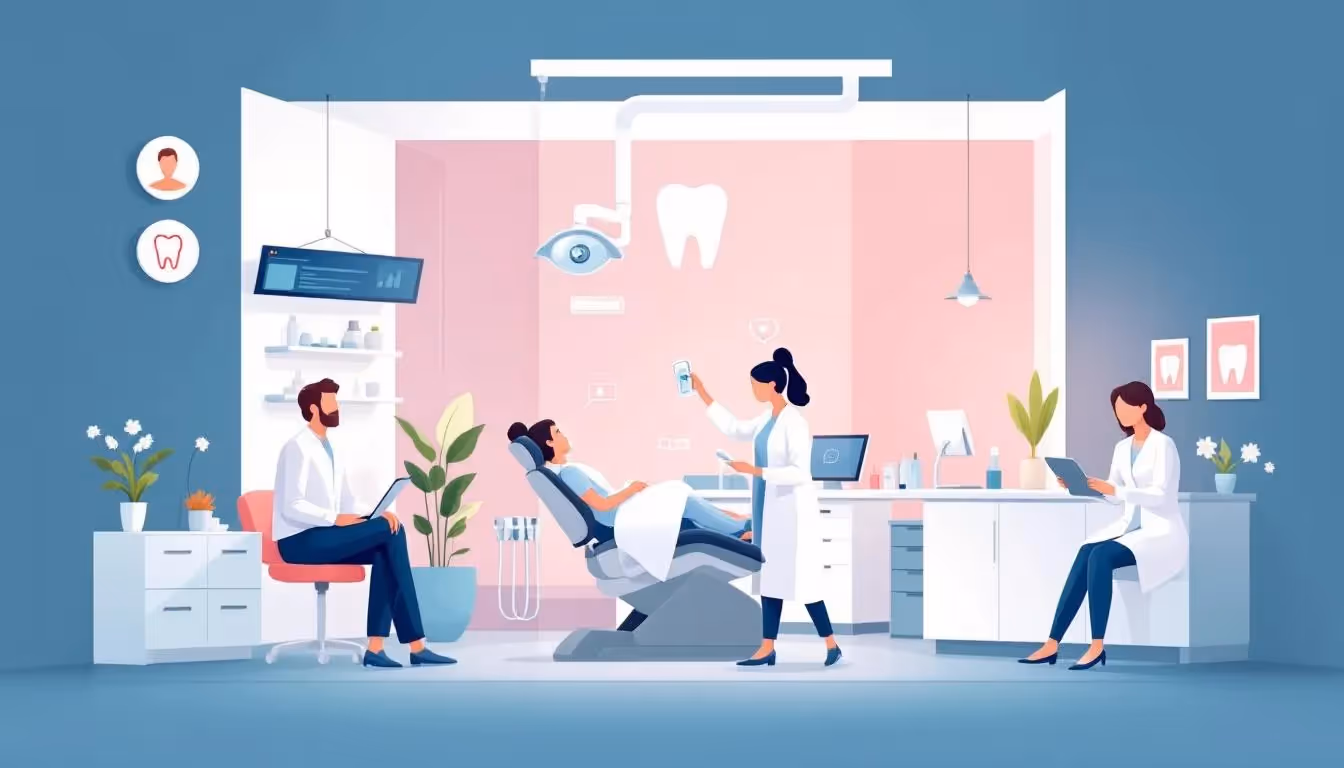 A dental office with dental professionals working together to provide care.