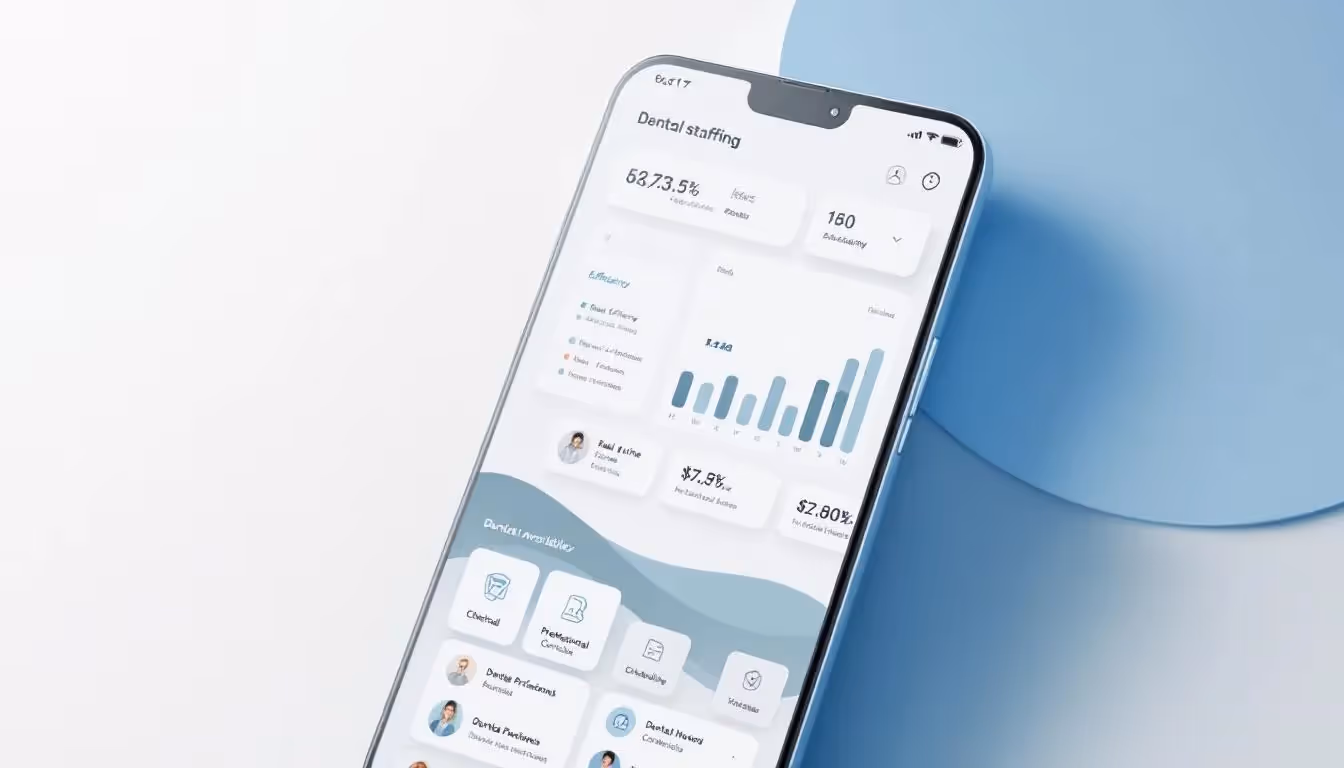 An app interface showcasing dental staffing solutions on a mobile device.
