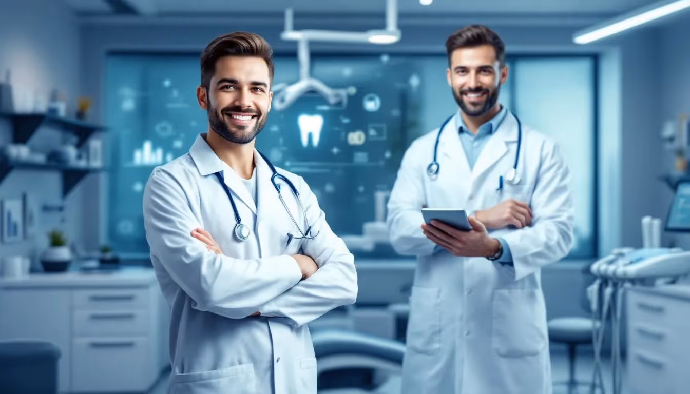 A satisfied dental professional sharing their success story in a dental office.