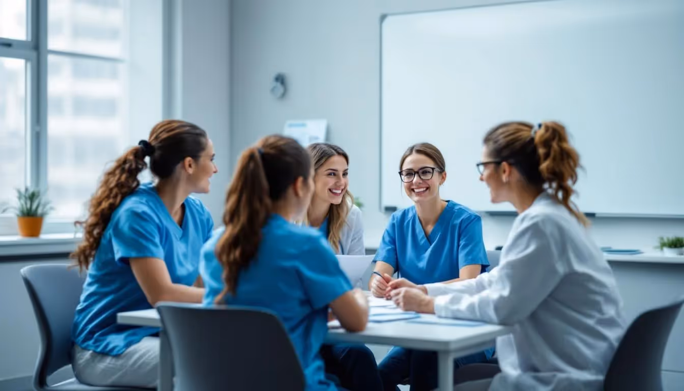 A group of dental hygienists discussing career opportunities, showcasing the career outlook for dental hygienists.
